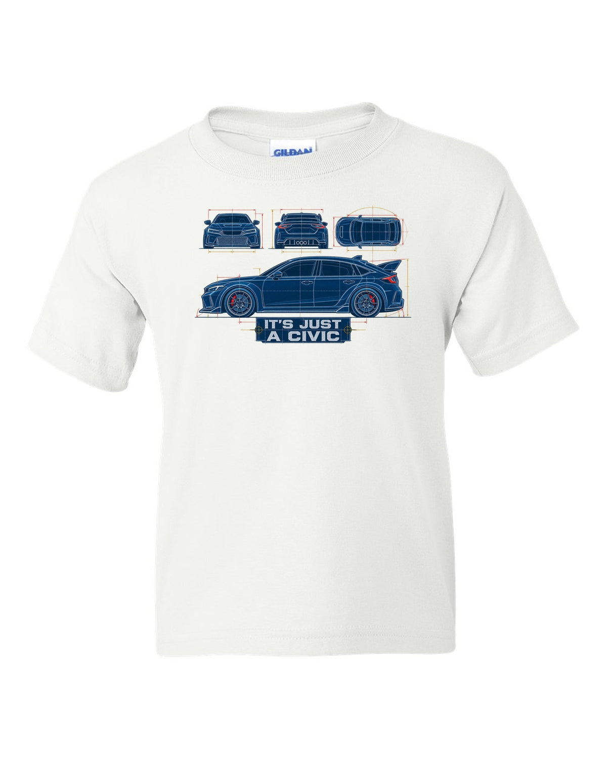 Cyanotype blueprint print of a 2023 Honda Civic FL5 ch with it's just a Civic text white kids tee front view with the design