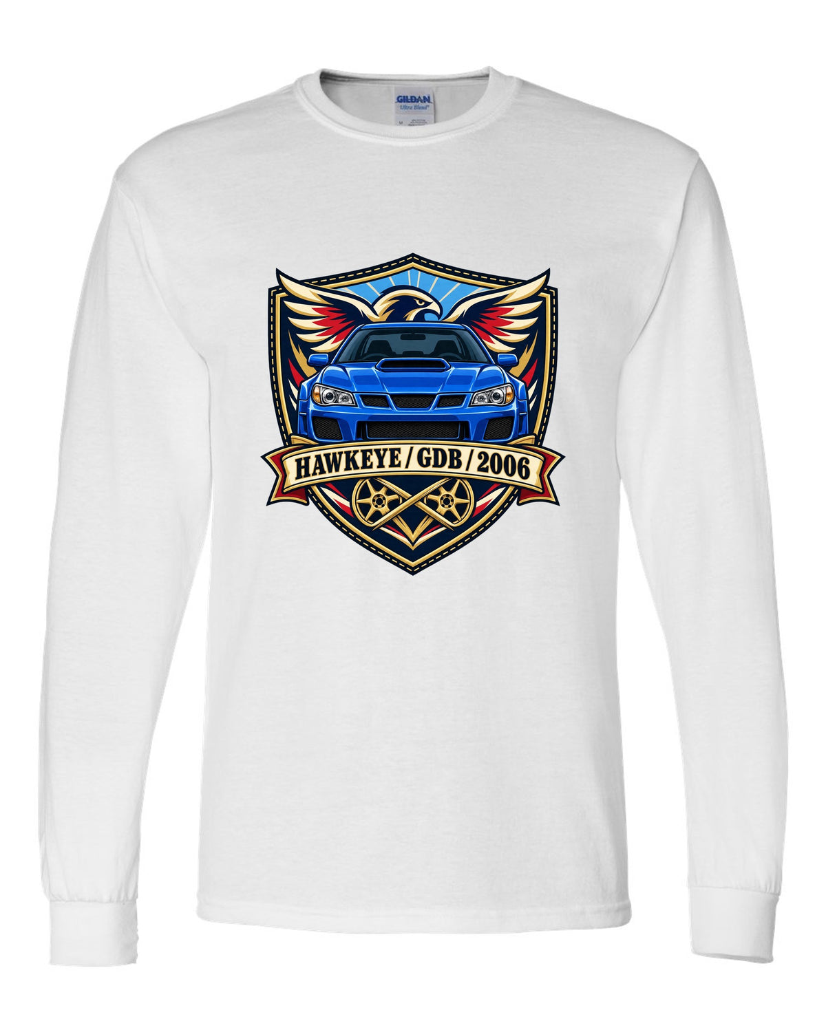 Subaru Impreza WRX STI GDB Hawkeye varsity crest print reading HAWKEYE / GDB / 2006 white long sleeve front view with the design