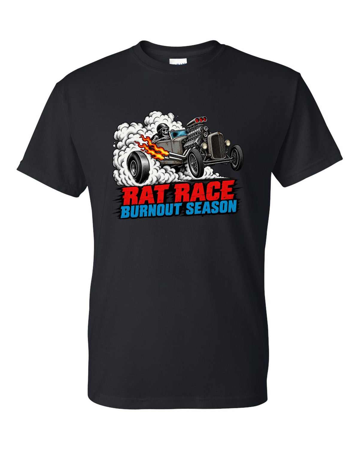 Halftone screenprint print of a primer-grey rat rod roadster in tyre smoke with Burnout Season lettering black t-shirt front view with the design