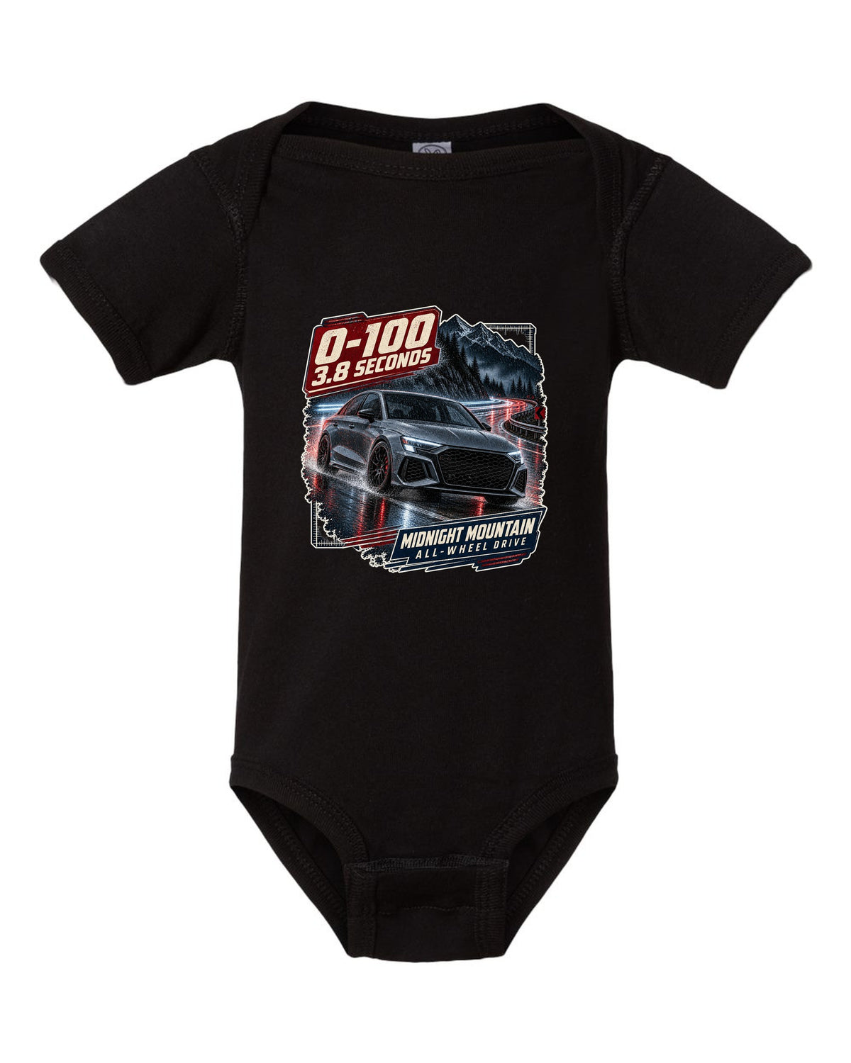 Audi RS3 8Y sedan on a night mountain road with 0-100 caption black baby onesie front view with the design