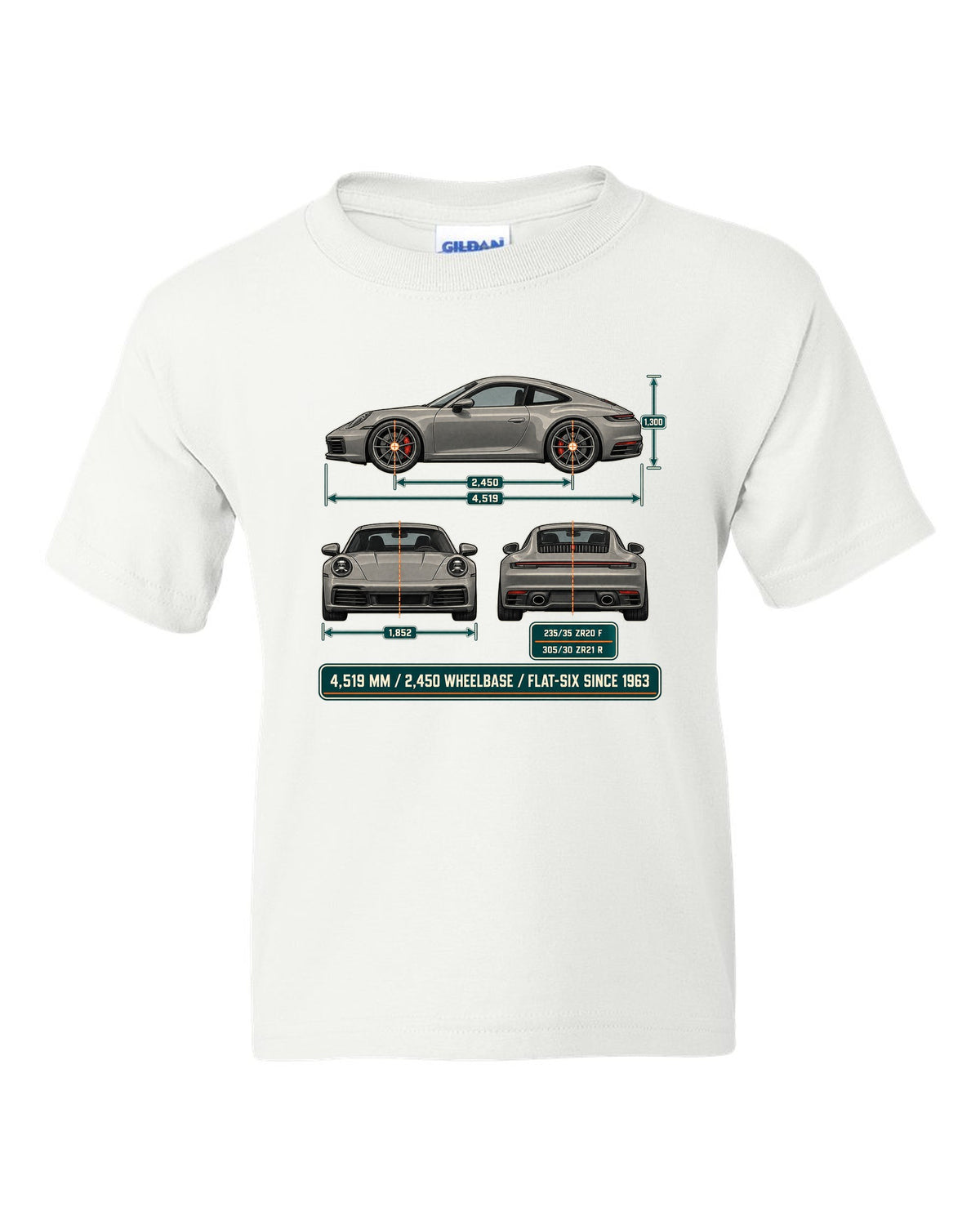 Dimension blueprint print of a Porsche 992 Carrera S with measurements white kids tee front view with the design