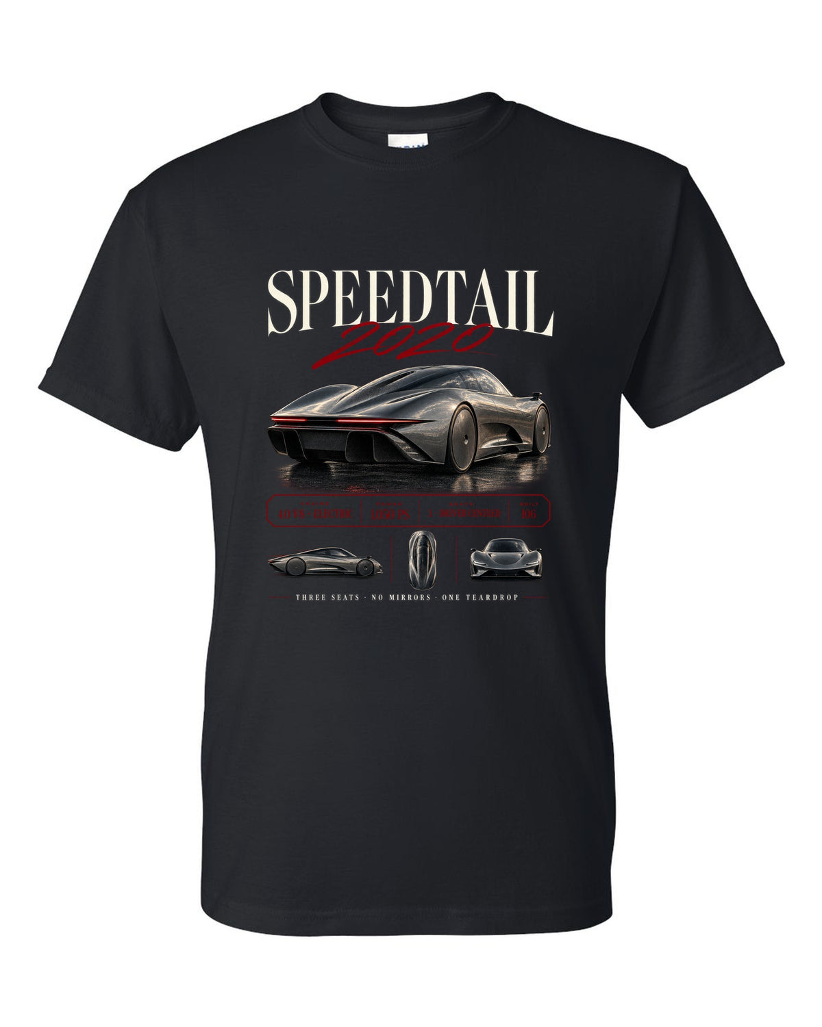 Archive panel print of a 2020 McLaren Speedtail with three seats and no mirrors text black t-shirt front view with the design