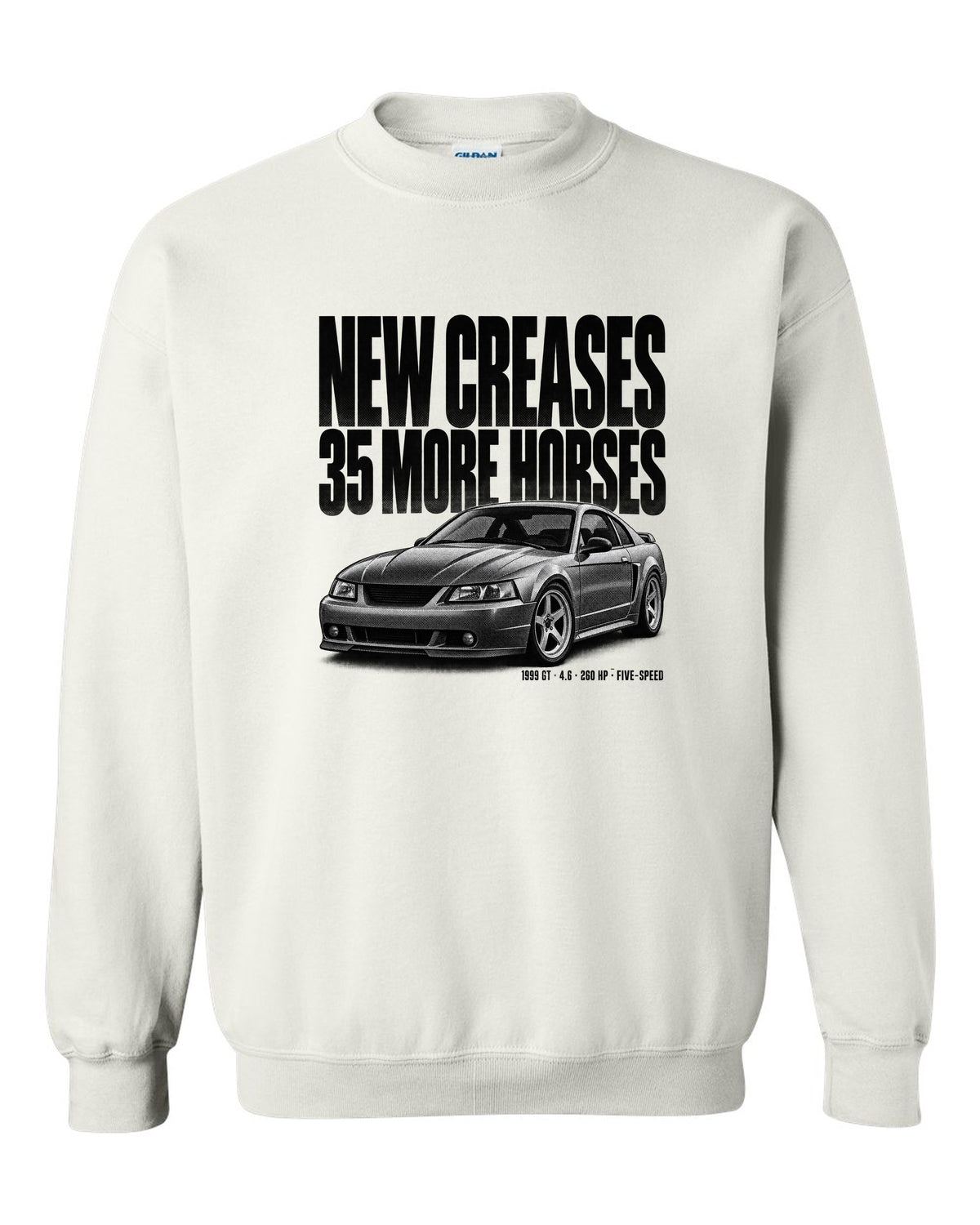 Halftone print of a 1999 Ford Mustang New Edge GT coupe white crewneck front view with the design