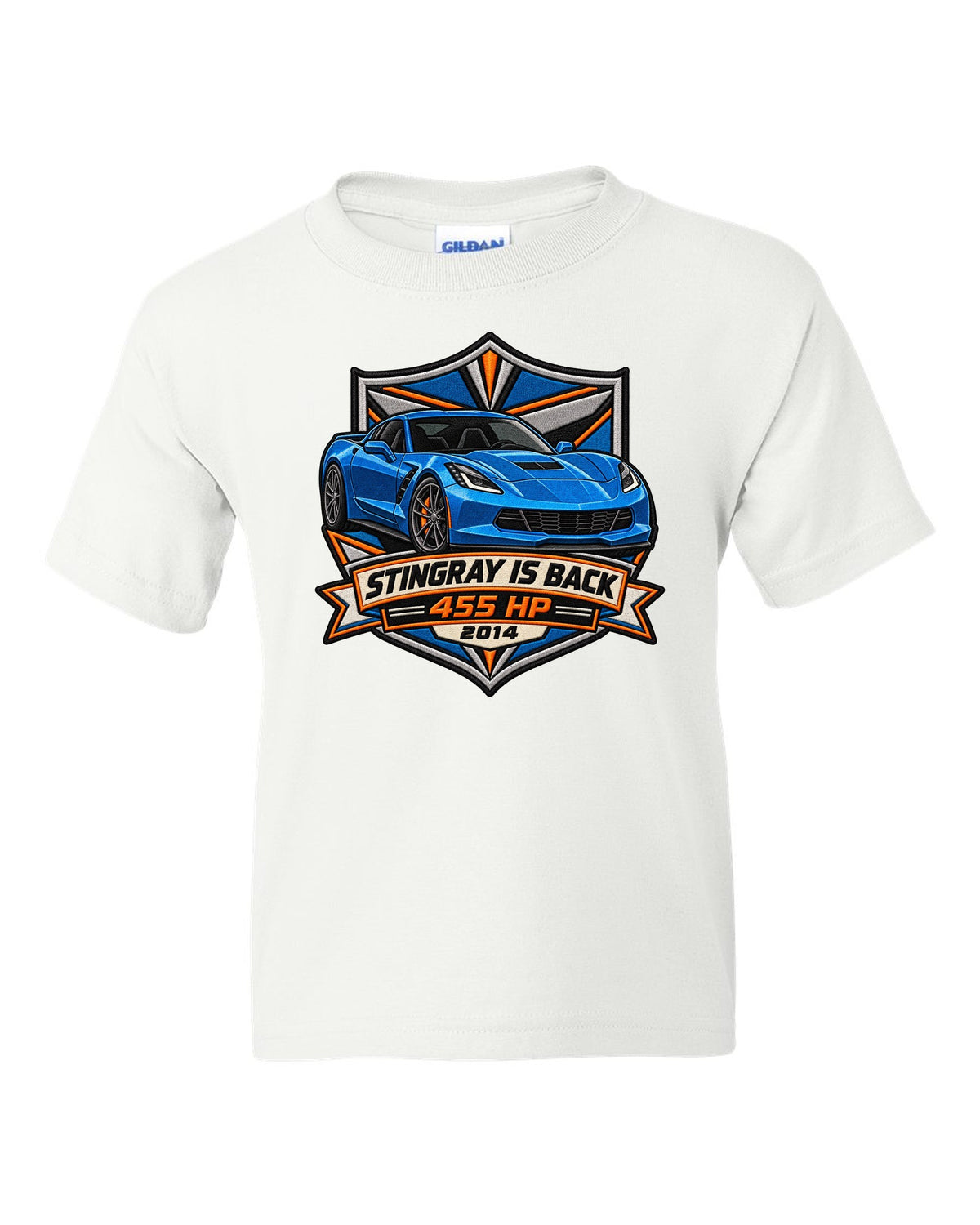 Varsity crest style print of a 2014 Chevrolet Corvette C7 Stingray with 455 HP and gill vent detail white kids tee front view with the design