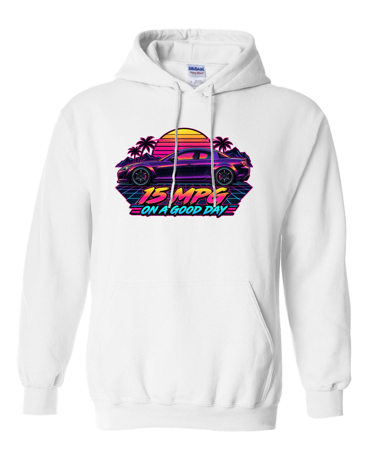 Sticker-bomb collage design for the Mazda RX-8 SE3P with CHECK OIL EVERY FILL-UP lettering white pull over hoodie front view with the design