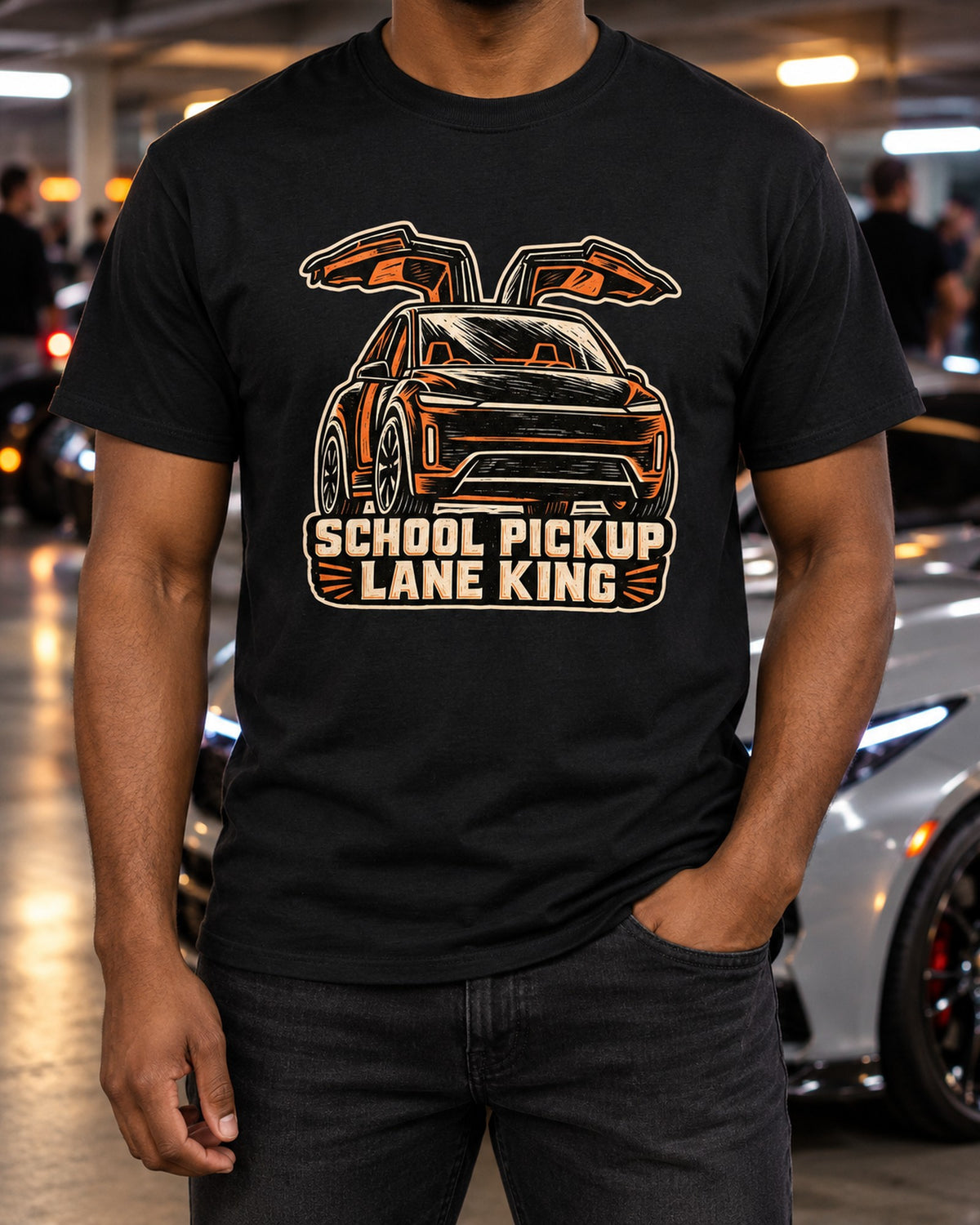 Pickup Lane Linocut Tesla Model X 2022 print Shirt T-Shirt Black worn hero