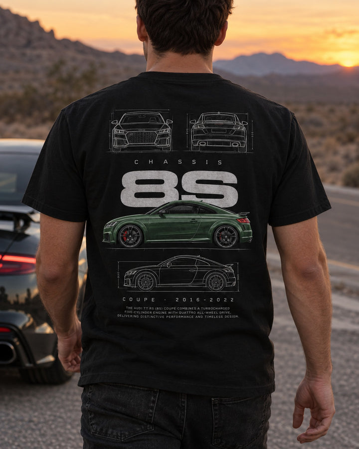 Audi TT RS (8S) coupe Blueprint Full-Back Graphic Tee, 8S Chassis Code T-Shirt Black worn hero