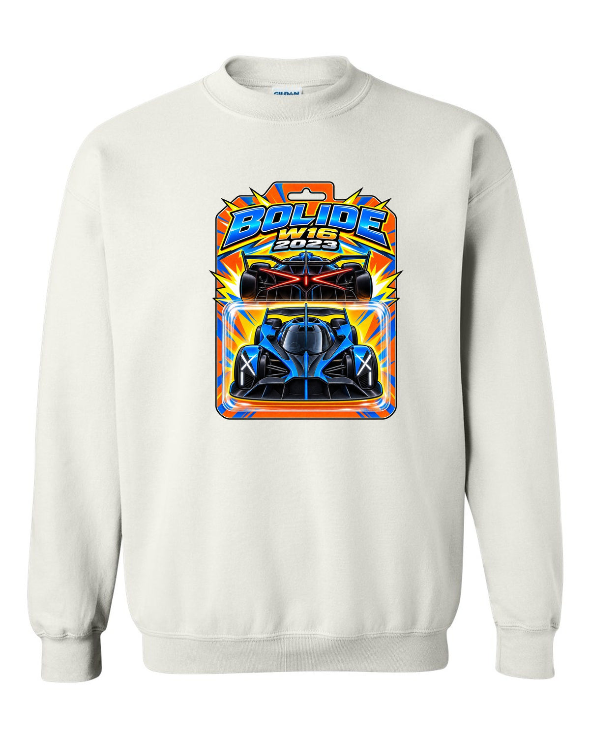 Hot Wheels-style toy blister card illustration of the Bugatti Bolide with BOLIDE W16 2023 lettering white crewneck front view with the design