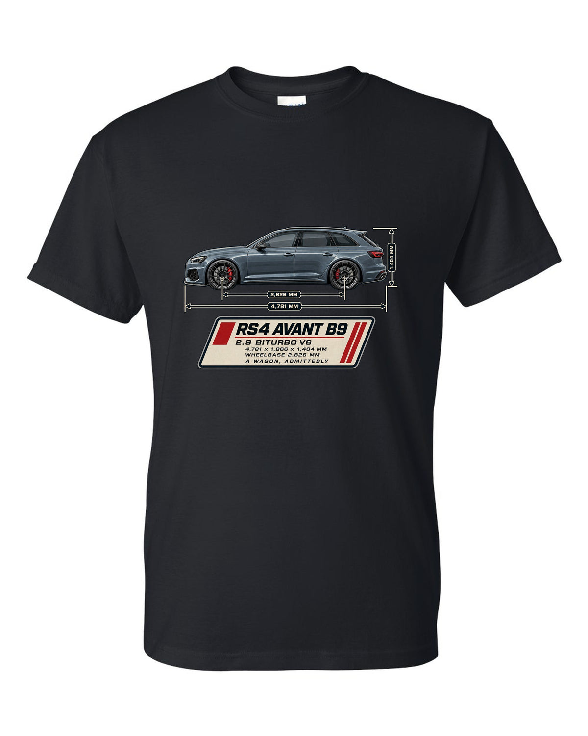Audi RS4 Avant B9 dimension blueprint print with measurements black t-shirt front view with the design