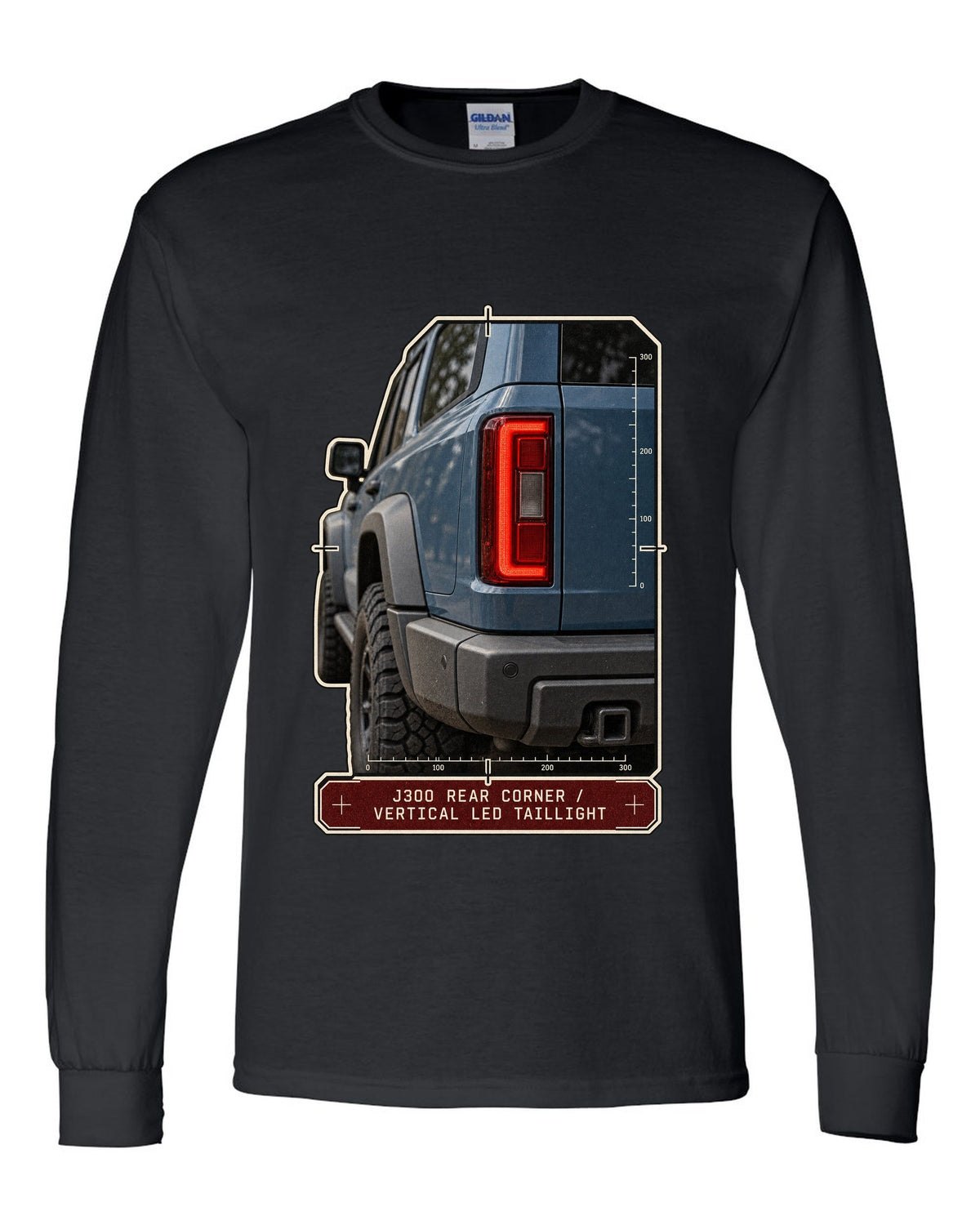 Close-up of Toyota Land Cruiser 300 J300 vertical LED taillight black long sleeve front view with the design