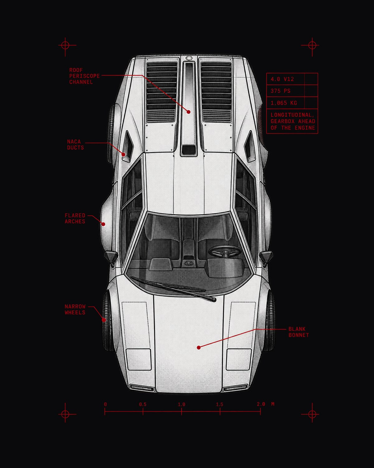Countach LP400 Spec Plan Shirt, 4.0 V12 375 PS Car Tee design only