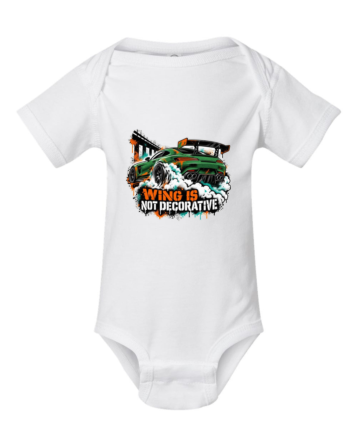 Risograph spot colour illustration of a Mercedes AMG GT R C190 in a garage with Track Day Monday Bill text white baby onesie front view with the design