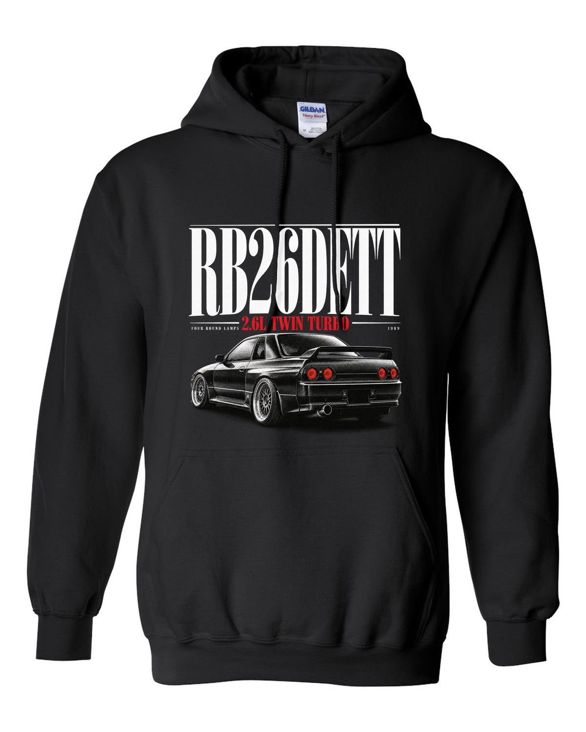 Editorial headline print of a Nissan Skyline GT-R R32 BNR32 with RB26DETT text black pull over hoodie front view with the design