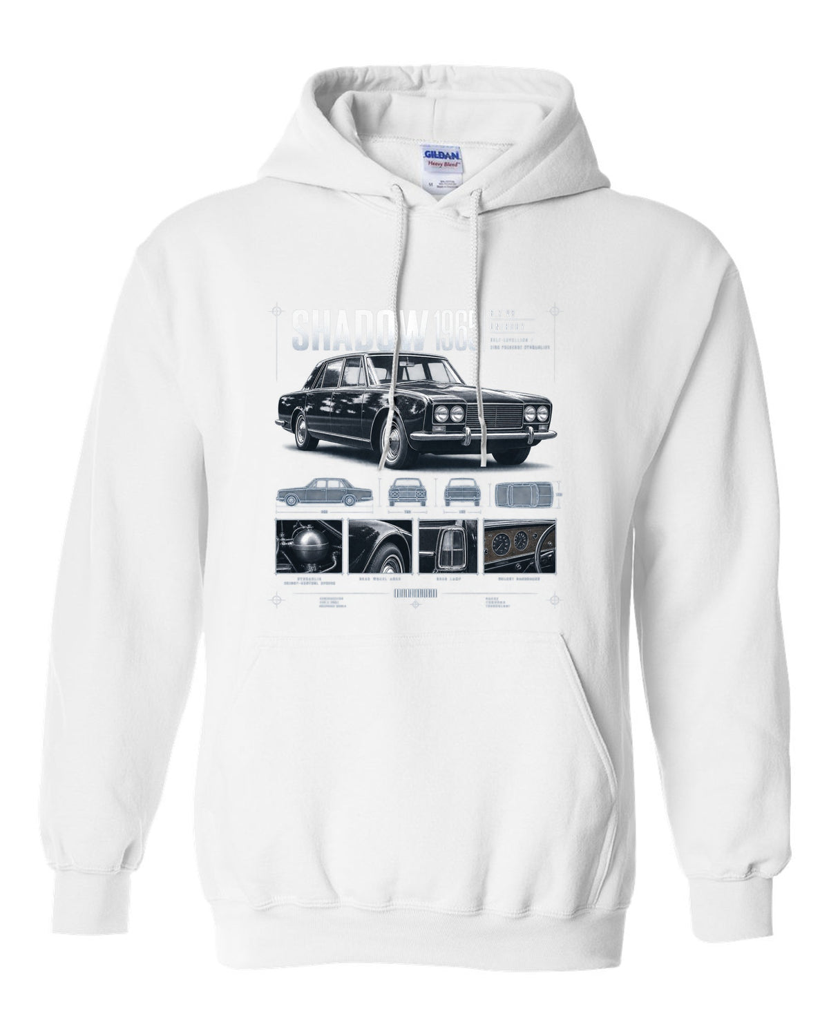 Rolls-Royce Silver Shadow 1965 dossier panels about hydraulics white pull over hoodie front view with the design