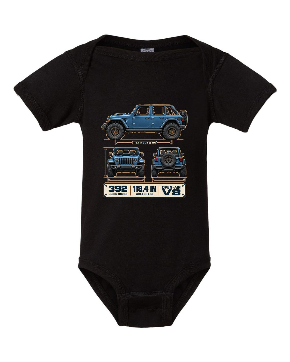 Dimension blueprint print of the Jeep Wrangler Rubicon 392 JL showing wheelbase and V8 black baby onesie front view with the design