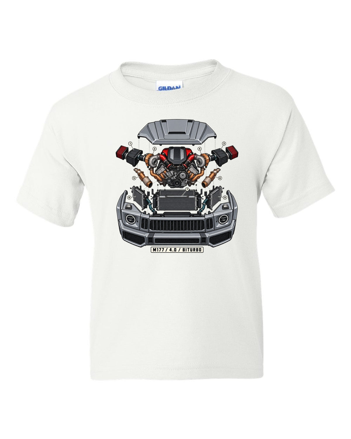 Isometric exploded engine cutaway graphic reading M177 4.0 Biturbo for the Mercedes G63 W464, print white kids tee front view with the design