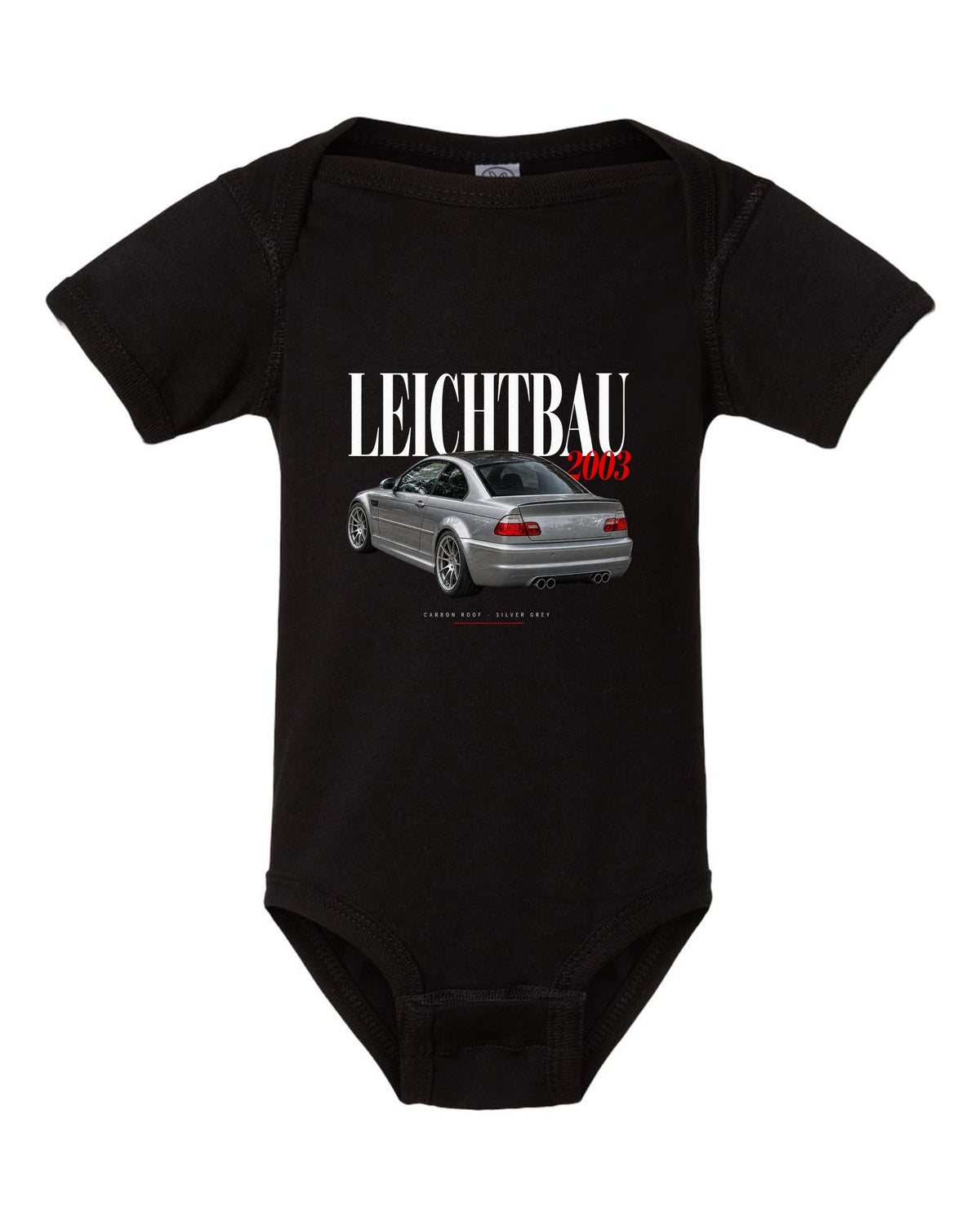 BMW E46 M3 CSL 2003 editorial headline print with Leichtbau carbon roof Silver Grey text black baby onesie front view with the design