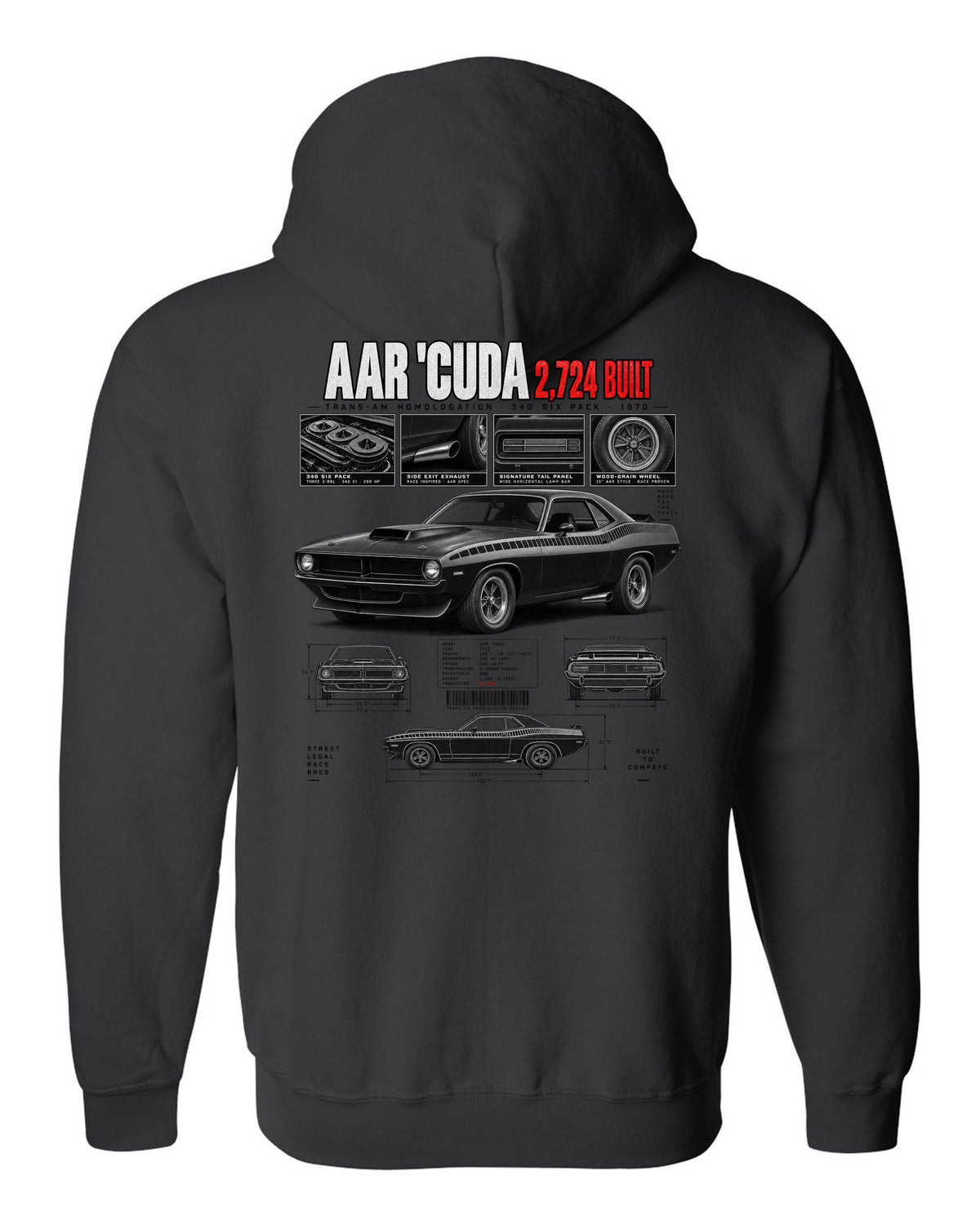1970 Plymouth AAR Cuda E-body Dossier, 2,724 Built Tee black zip hoodie back view with the design