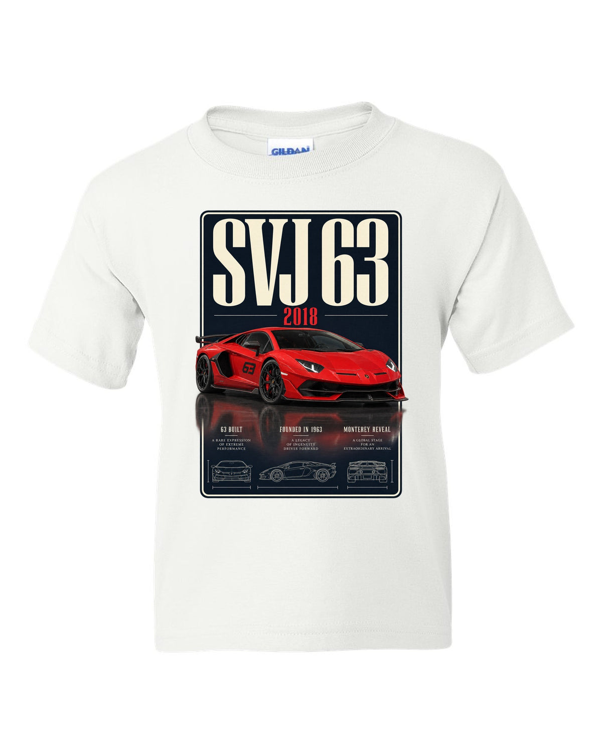 Archive panel print of the Lamborghini Aventador SVJ 63 limited edition white kids tee front view with the design
