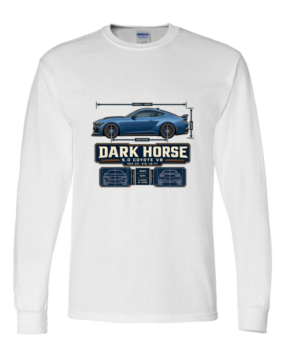 print of a Ford Mustang S650 Dark Horse dimension blueprint with 5.0 Coyote V8 and 500 HP text white long sleeve front view with the design