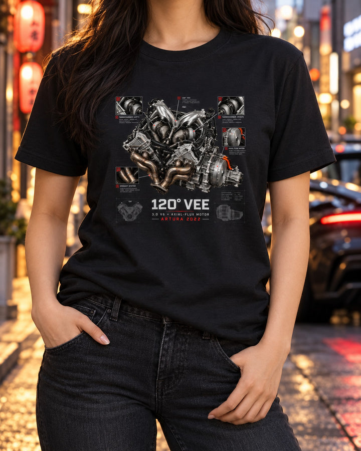 McLaren Artura 2022 120 Degree Vee V6 Engine Hero Shirt T-Shirt Black worn hero