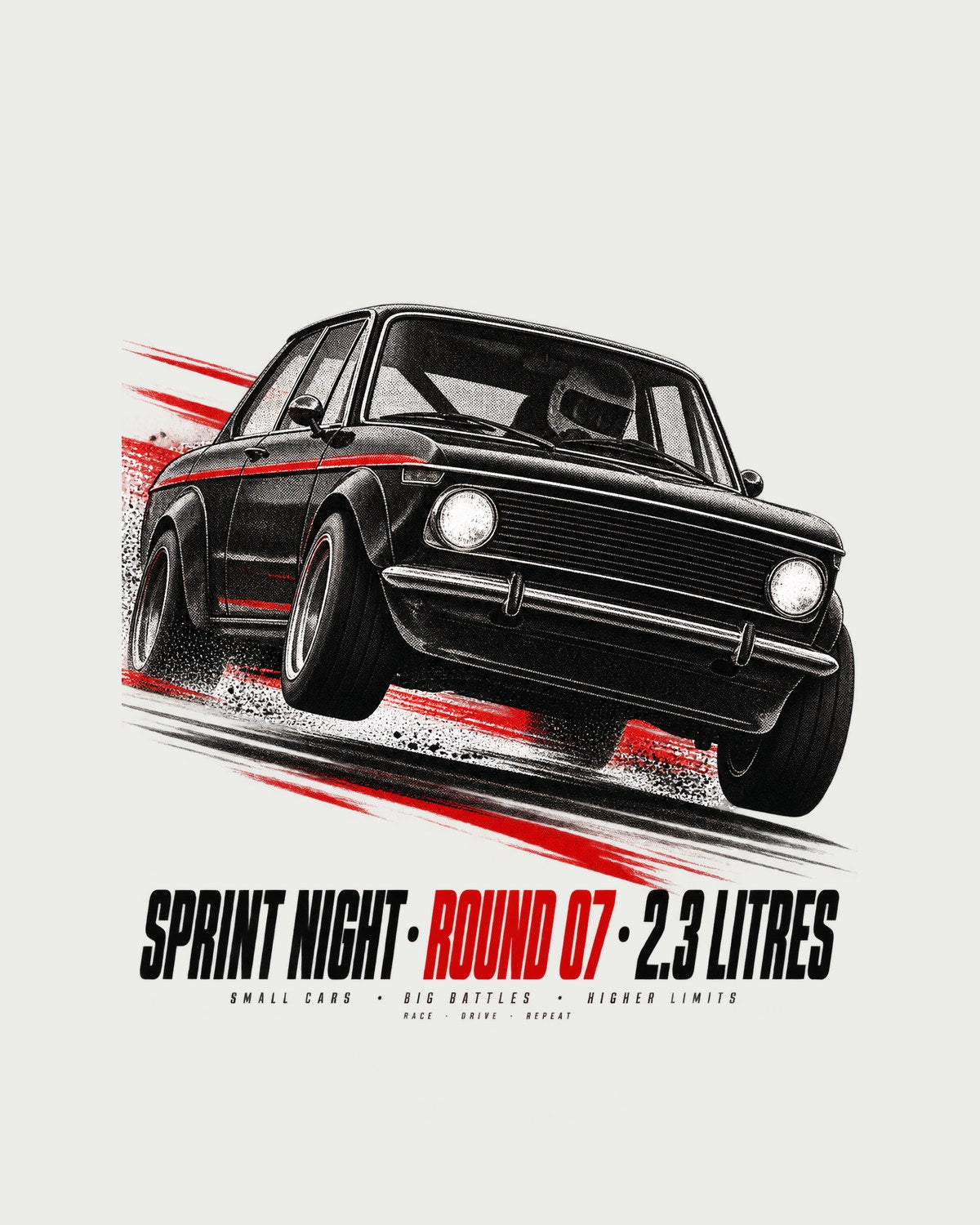 BMW E30 M3 Sprint Night Round 07 Race Poster Tee, 2.3 Litres design only