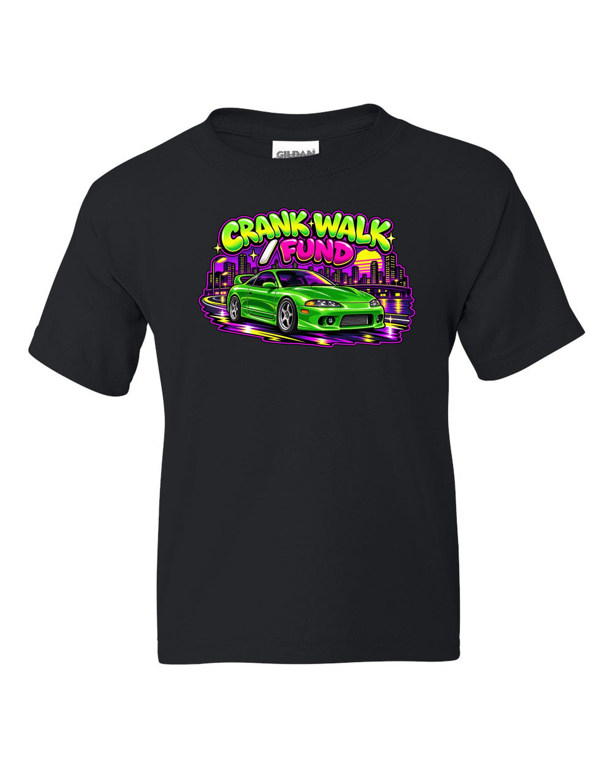 Retro 90s Saturday-morning cartoon style print of a green Mitsubishi Eclipse GSX 2G with crank walk fund text black kids tee front view with the design