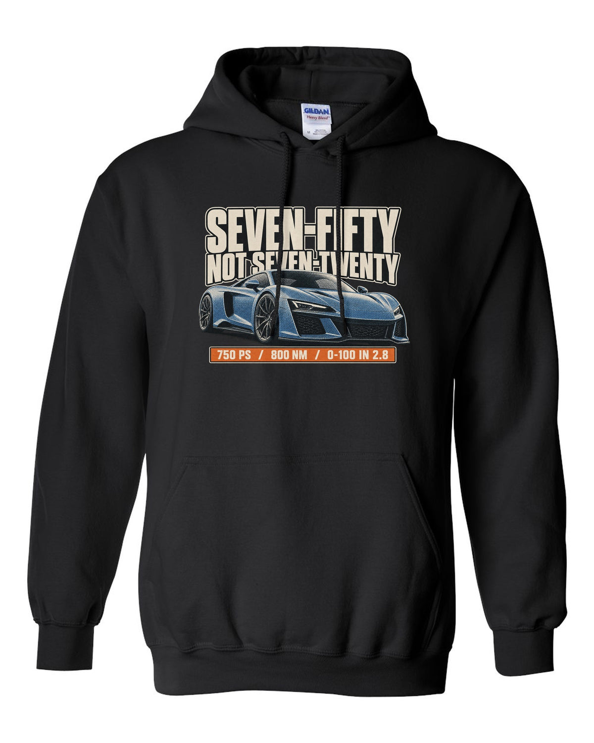 Halftone print of a McLaren 750S with the text seven-fifty not seven-twenty black pull over hoodie front view with the design