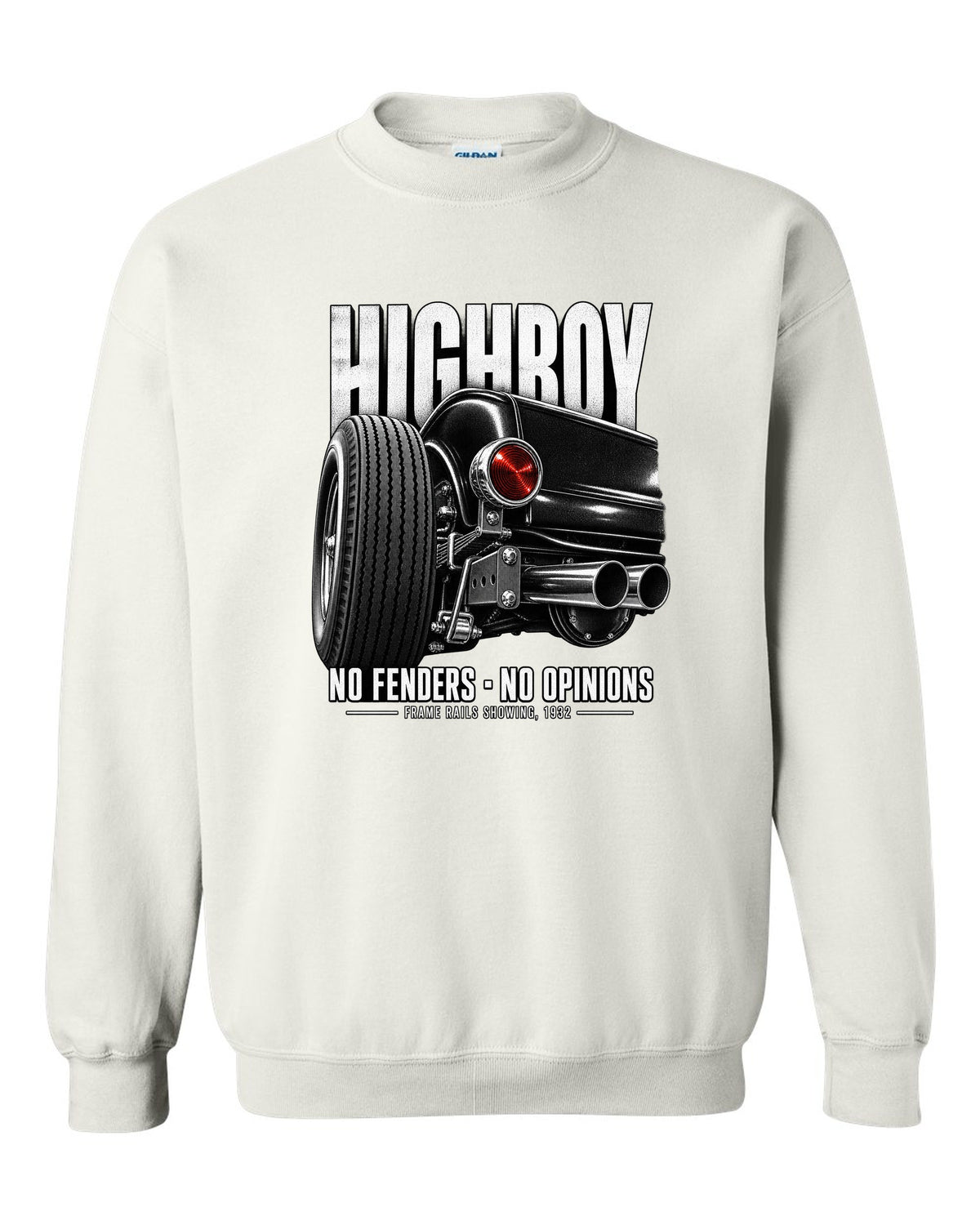 Rear taillight detail print of a 1932 Ford Deuce highboy roadster white crewneck front view with the design