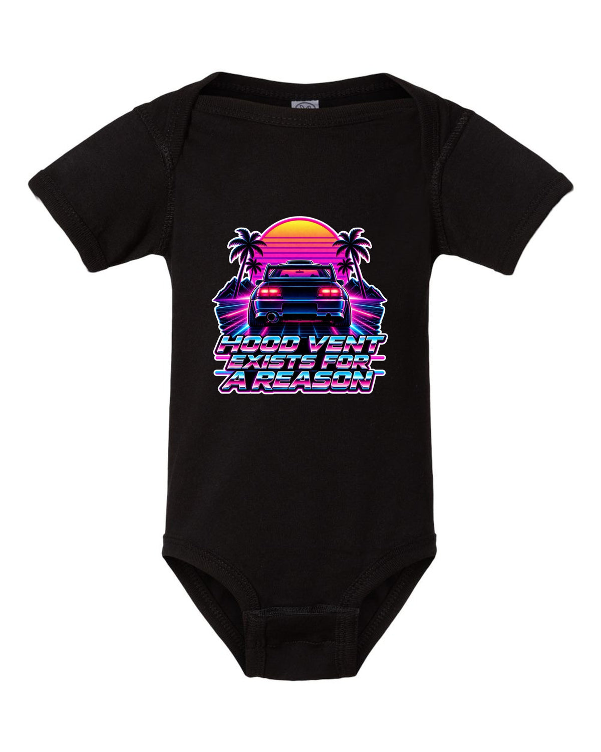 Synthwave outrun illustration of a Toyota Celica GT-Four ST205 with hood vent lettering black baby onesie front view with the design