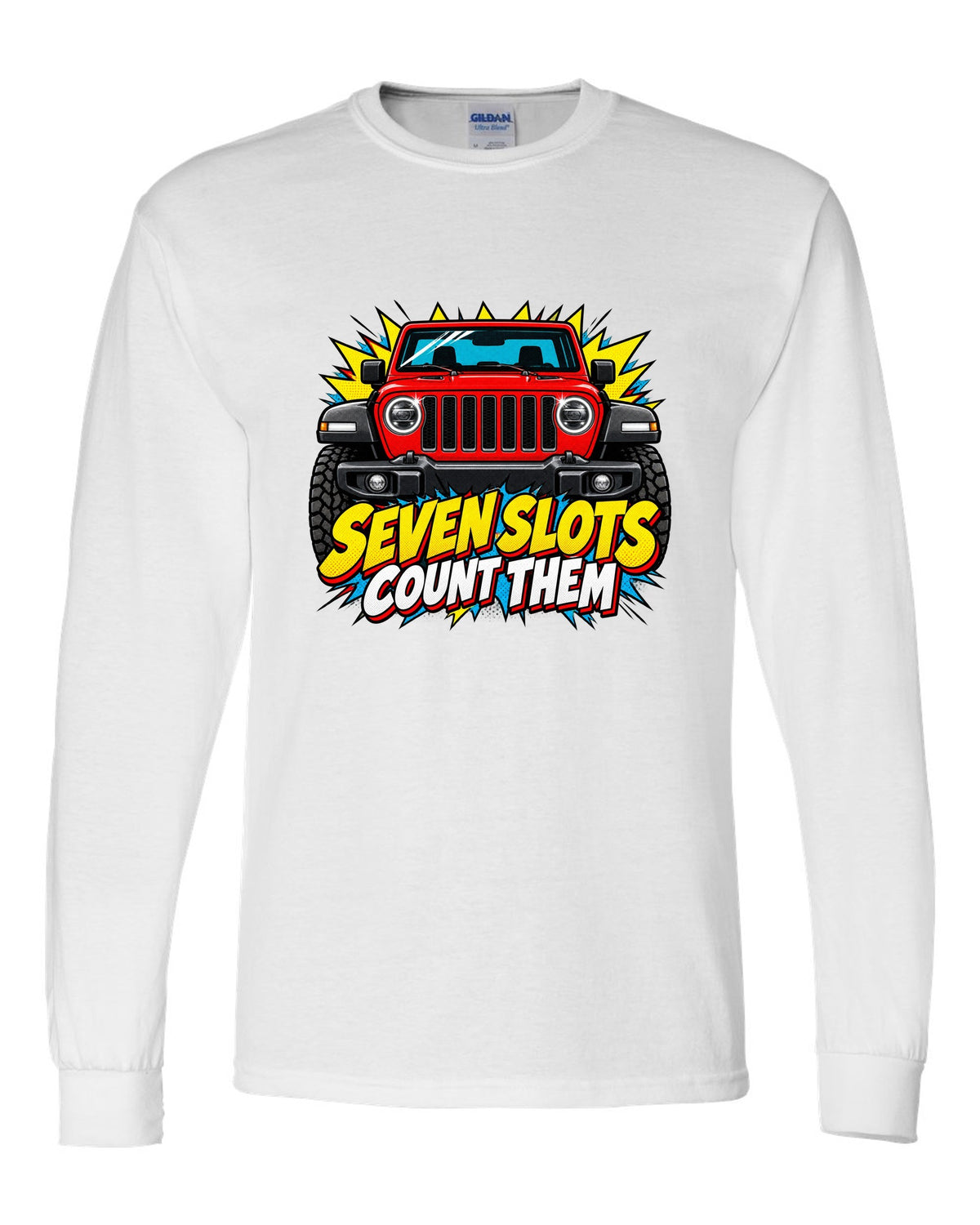Comic halftone pop-art print of a Jeep Wrangler JL with seven slots text white long sleeve front view with the design