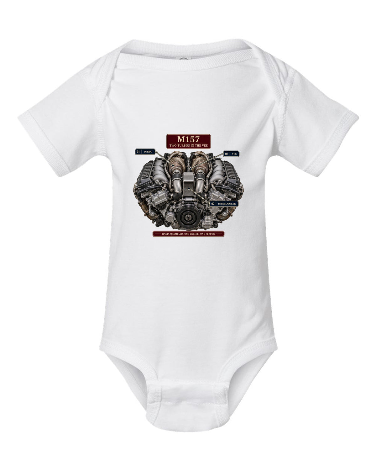 Engine hero print of the Mercedes-AMG M157 5.5 biturbo V8 from the W212 E63 S white baby onesie front view with the design