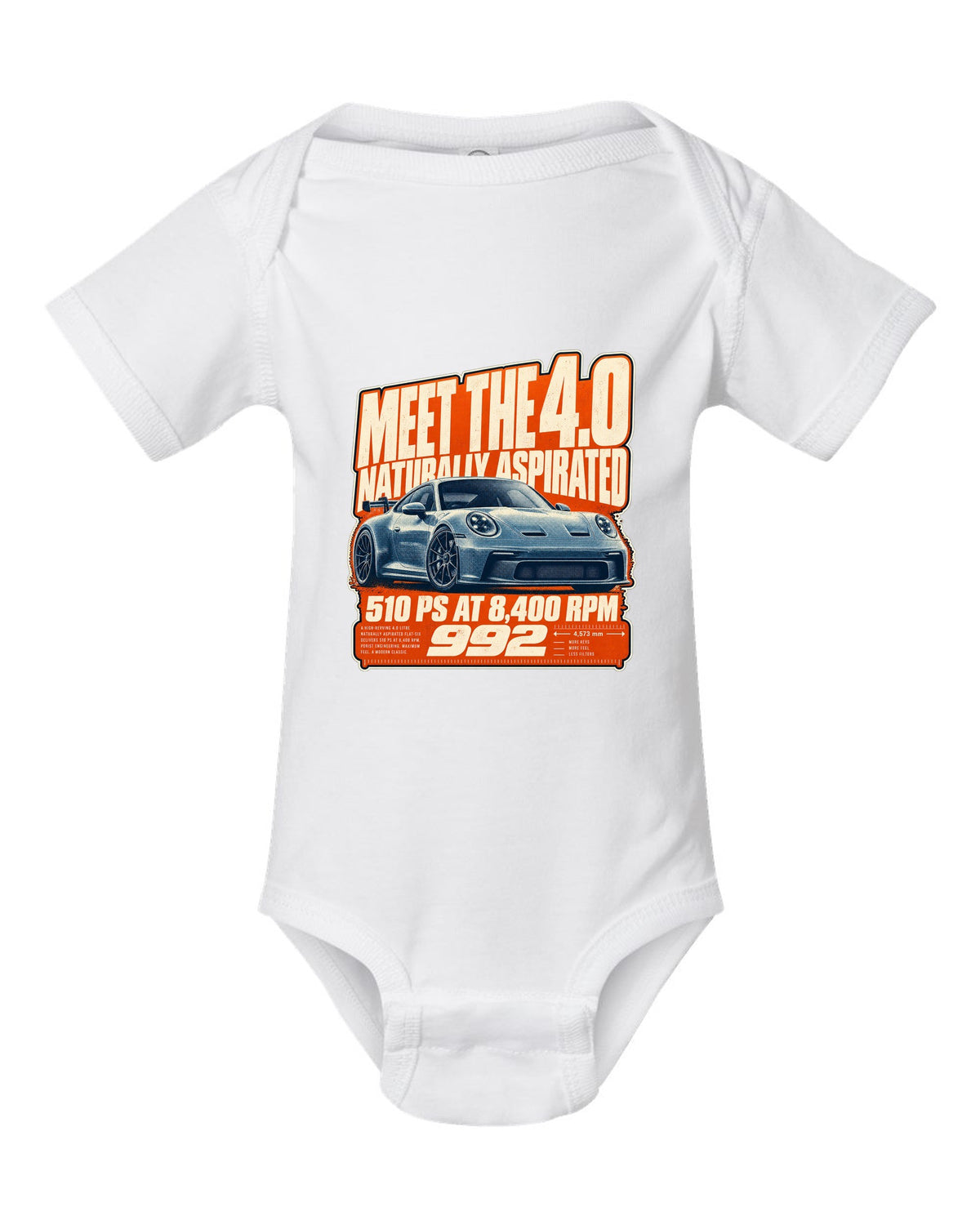 Porsche 992 GT3 halftone statement print design white baby onesie front view with the design