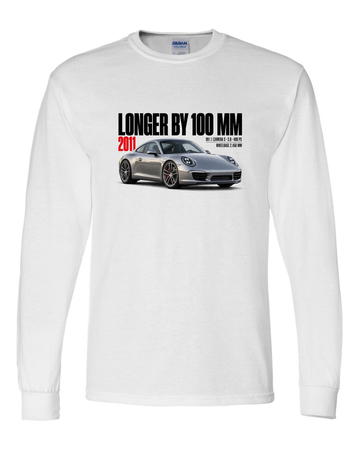 Editorial headline print of a Porsche 911 Carrera S 991.1 with longer-by-100-mm caption white long sleeve front view with the design