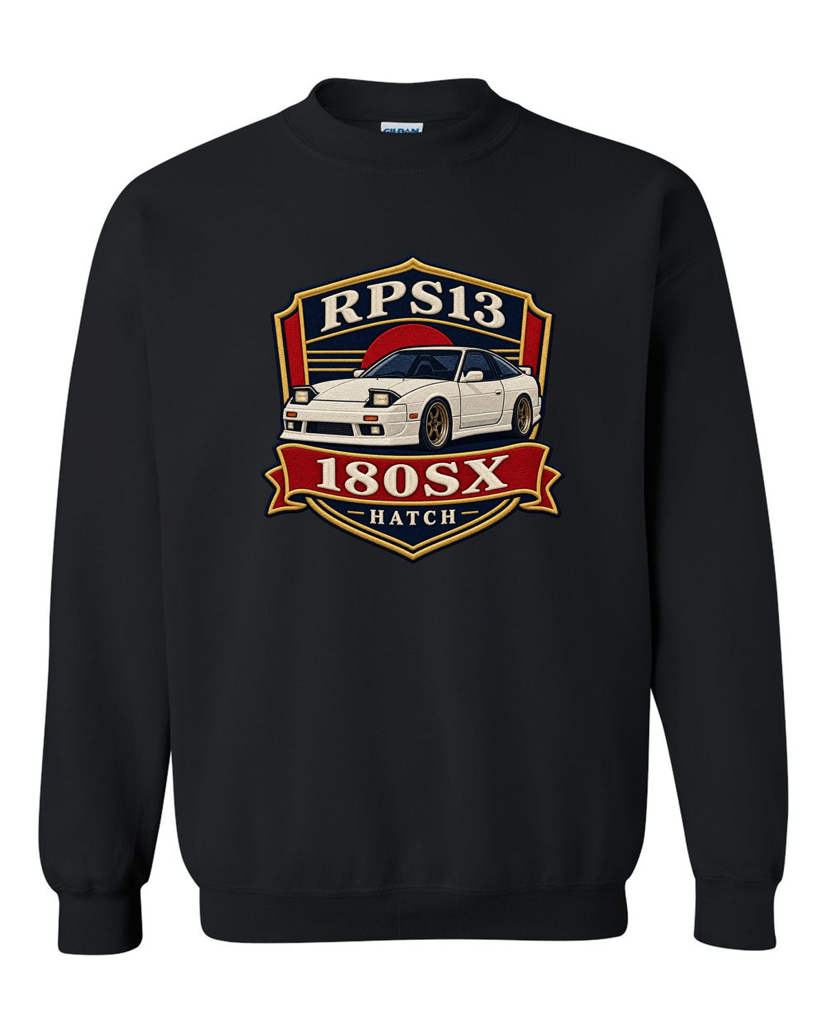 Shield crest print for the Nissan 180SX RPS13 chback black crewneck front view with the design