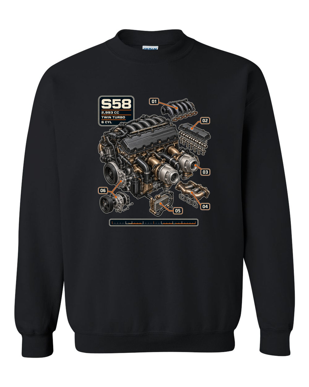 BMW S58 twin-turbo inline-six engine print with 2,993 cc text black crewneck front view with the design