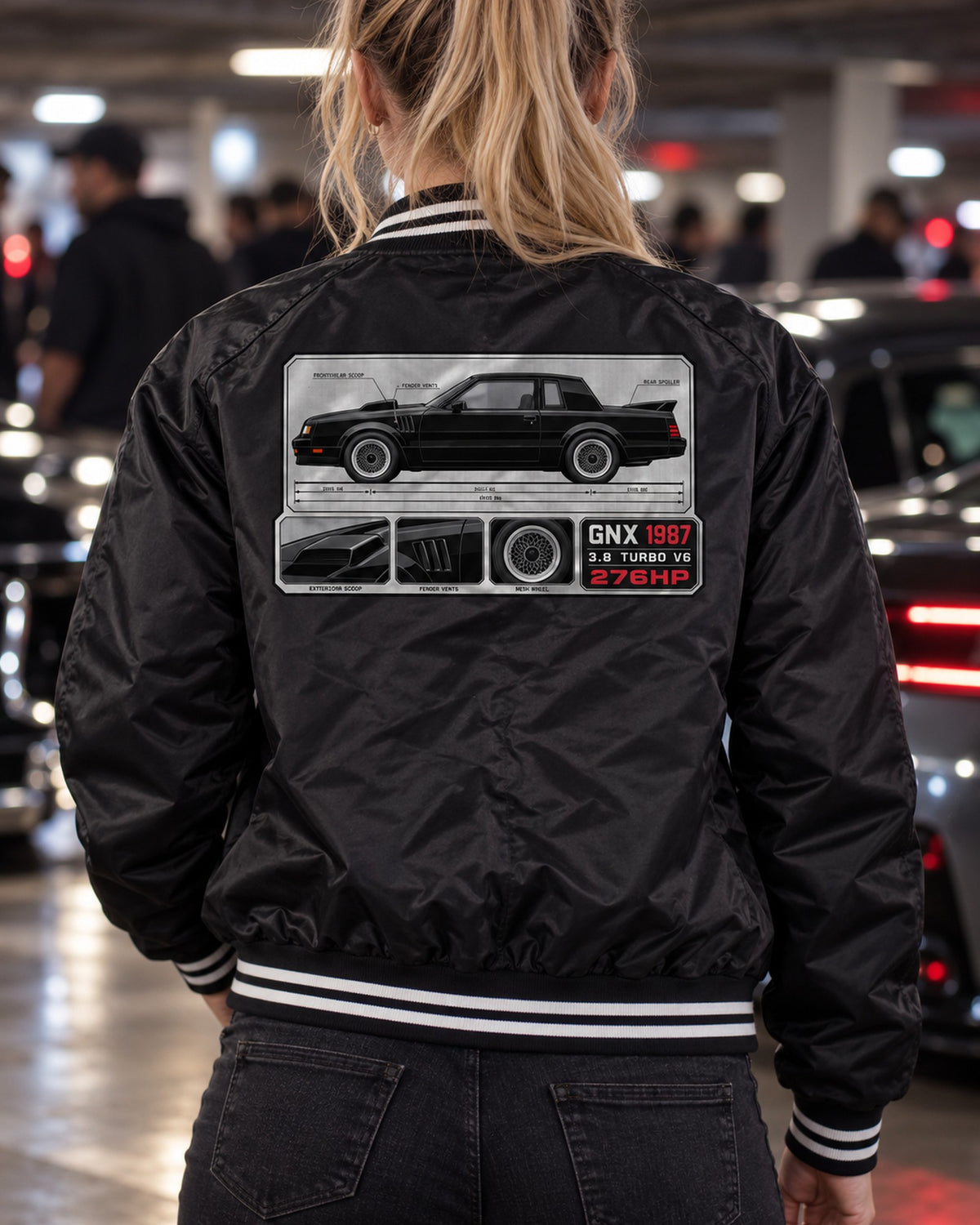 1987 Buick GNX Spec Sheet Shirt, Turbo V6 Car Guy Gift Bomber Jacket Black worn hero