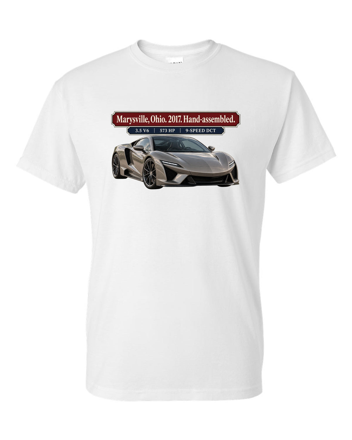 Archive panel print of a 2017 Acura NSX NC1 launch car in warm grey white t-shirt front view with the design