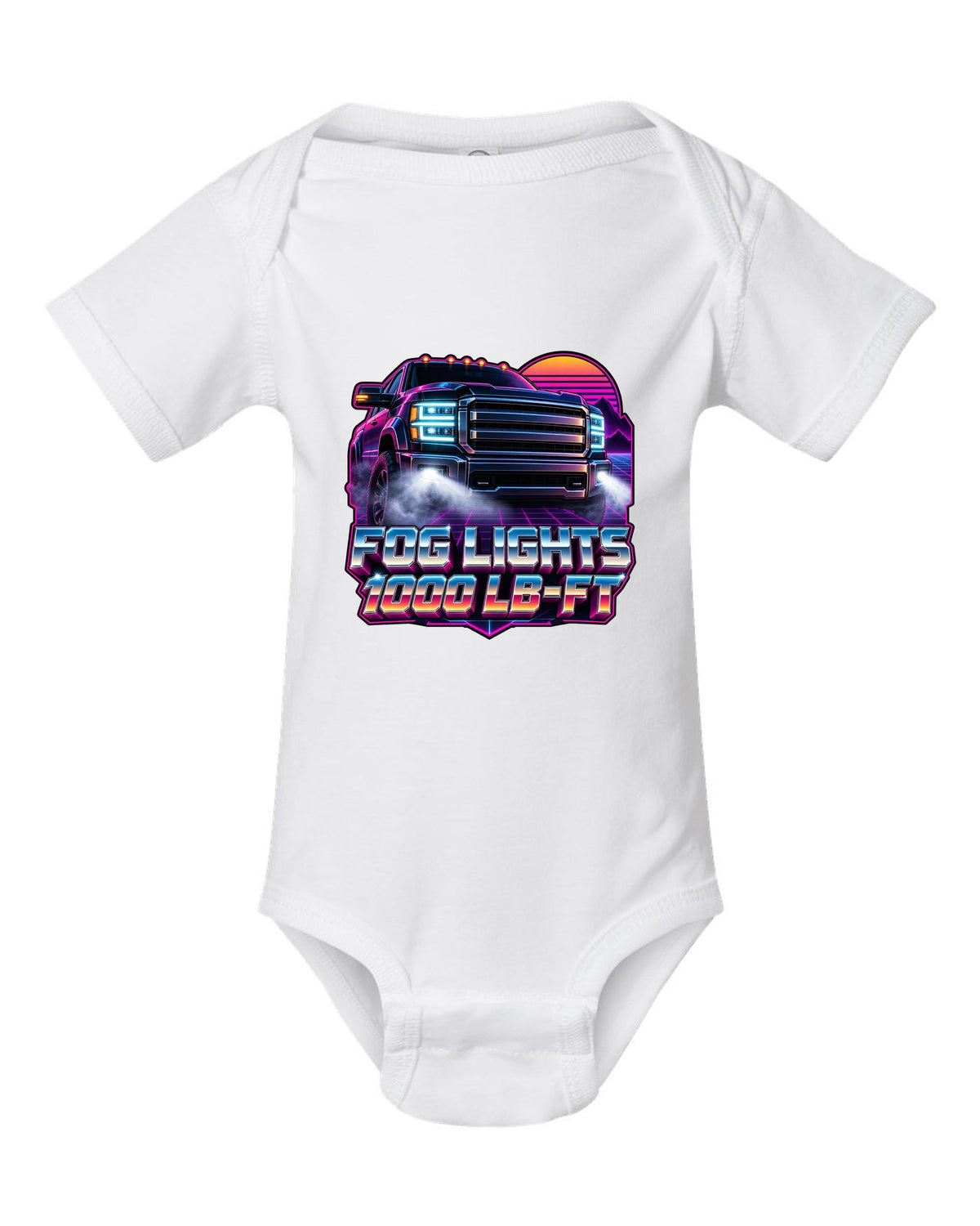 Neon synthwave grid print of a 2019-2024 Ram HD 2500 with the 6.7 HO and 1000 lb-ft text white baby onesie front view with the design