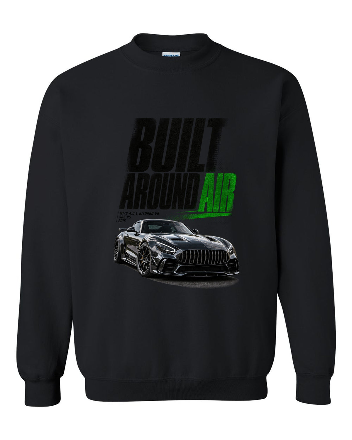 Halftone statement print of a Mercedes-AMG GT R C190 with Built Around Air lettering black crewneck front view with the design