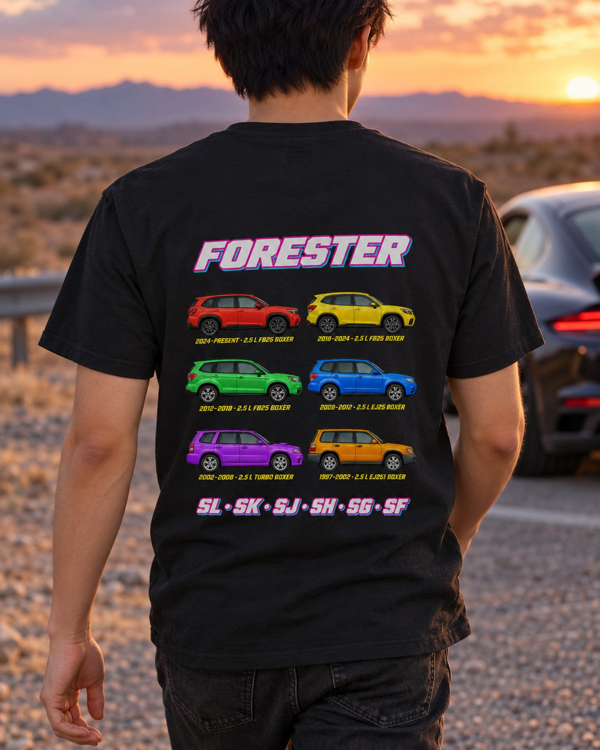 Subaru Forester Evolution Poster Full-Back Graphic Tee T-Shirt Black worn hero