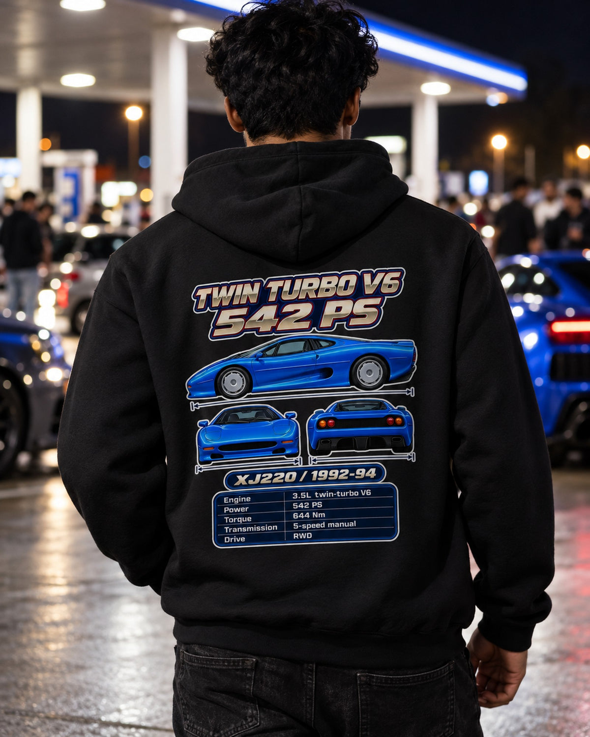 Jaguar Xj220 Spec Sheet Full-Back Graphic Tee Pull Over Hoodie Black worn hero