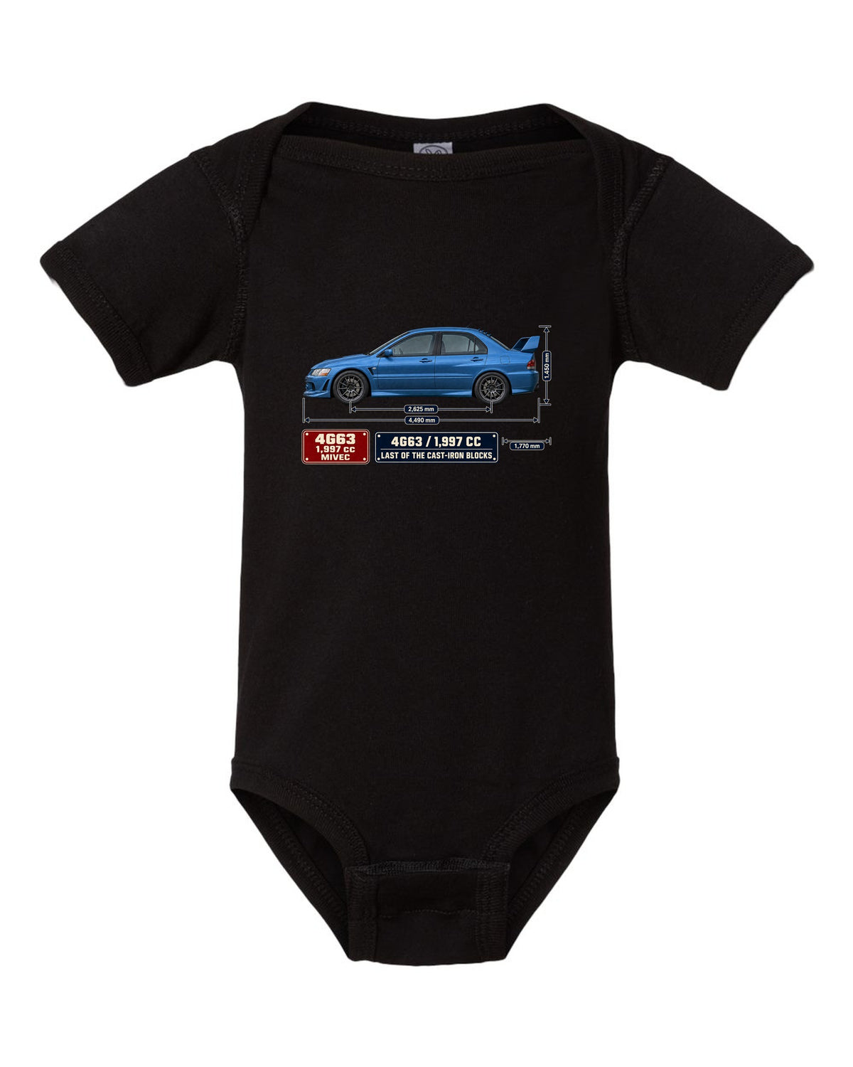 Lancer Evolution IX MR Blueprint black baby onesie front view with the design