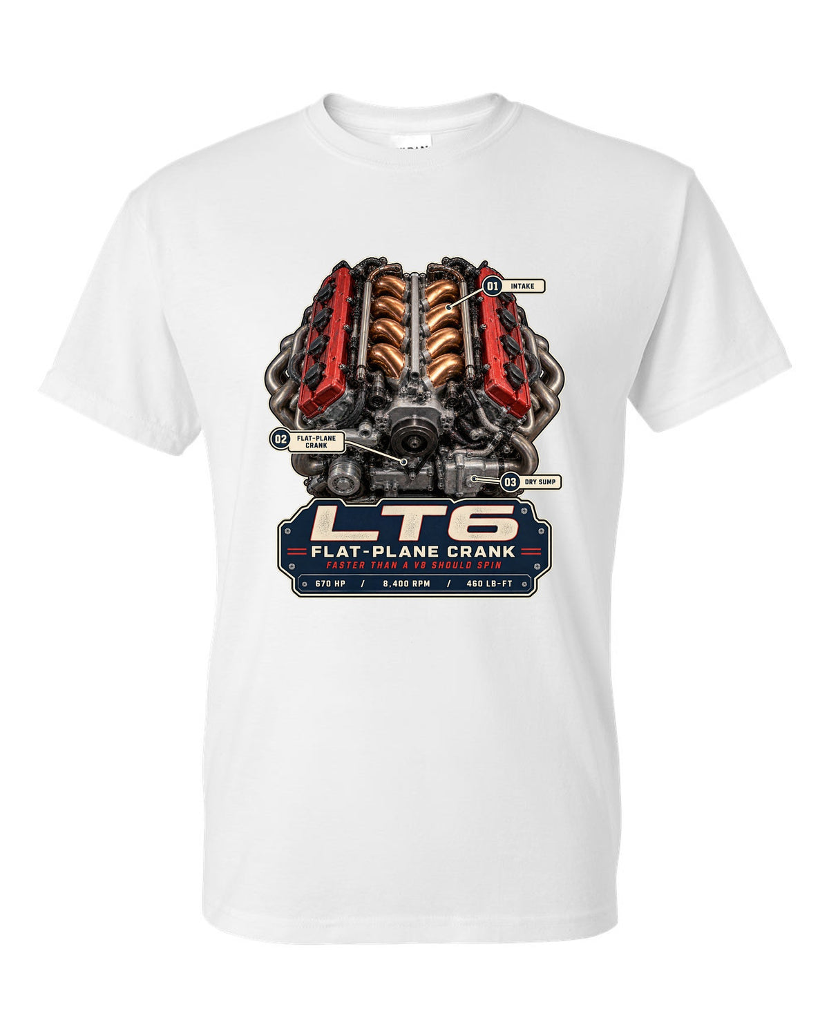 Engine hero print of the LT6 flat-plane V8 in a Chevrolet Corvette C8 Z06 white t-shirt front view with the design