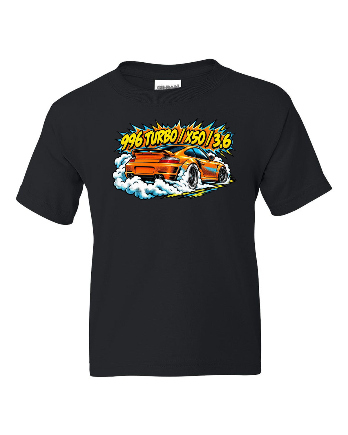Porsche 996 Turbo comic halftone burnout burst design with X50 lettering black kids tee front view with the design