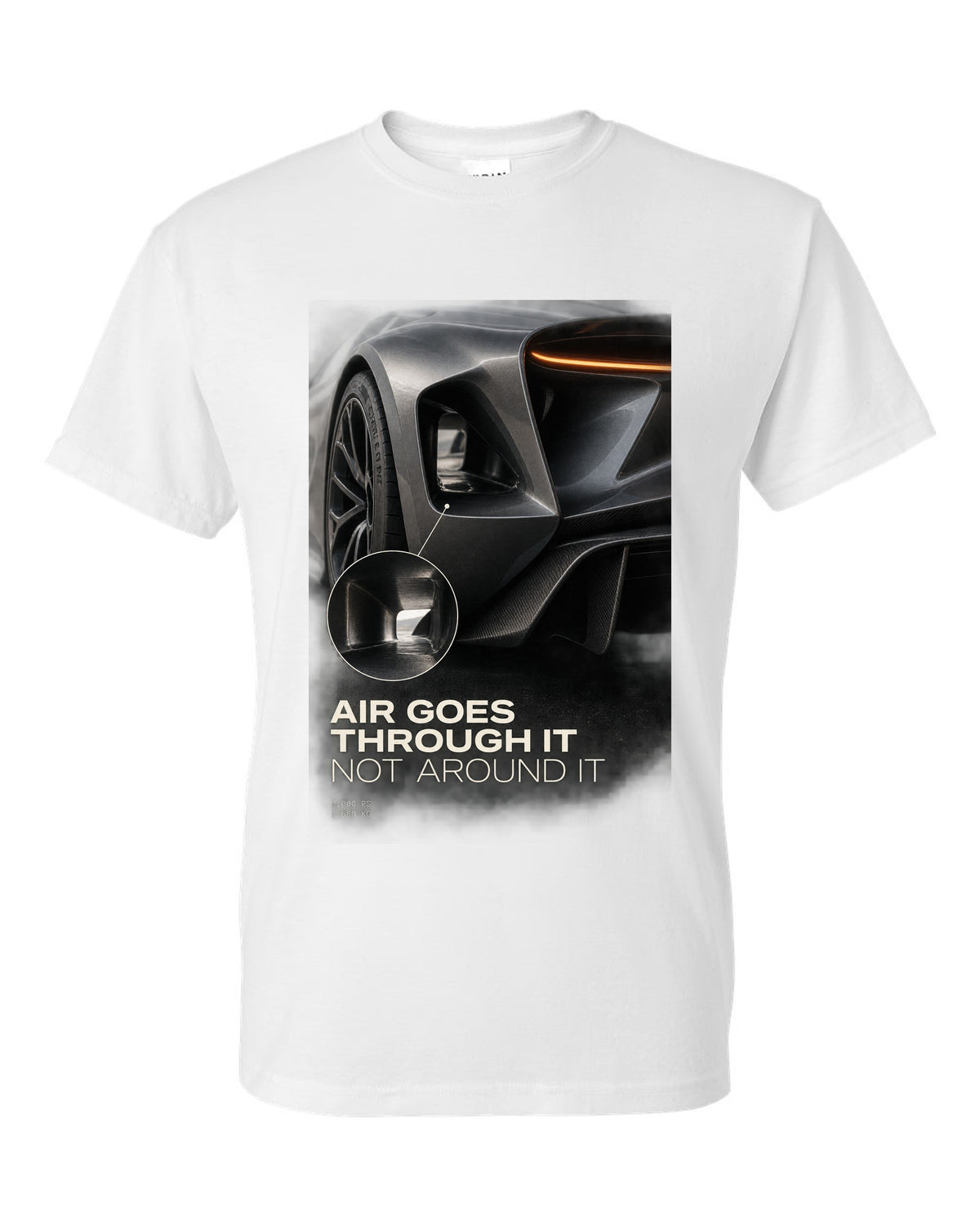 Lotus Evija rear three-quarter tunnel macro print with air goes through it text white t-shirt front view with the design