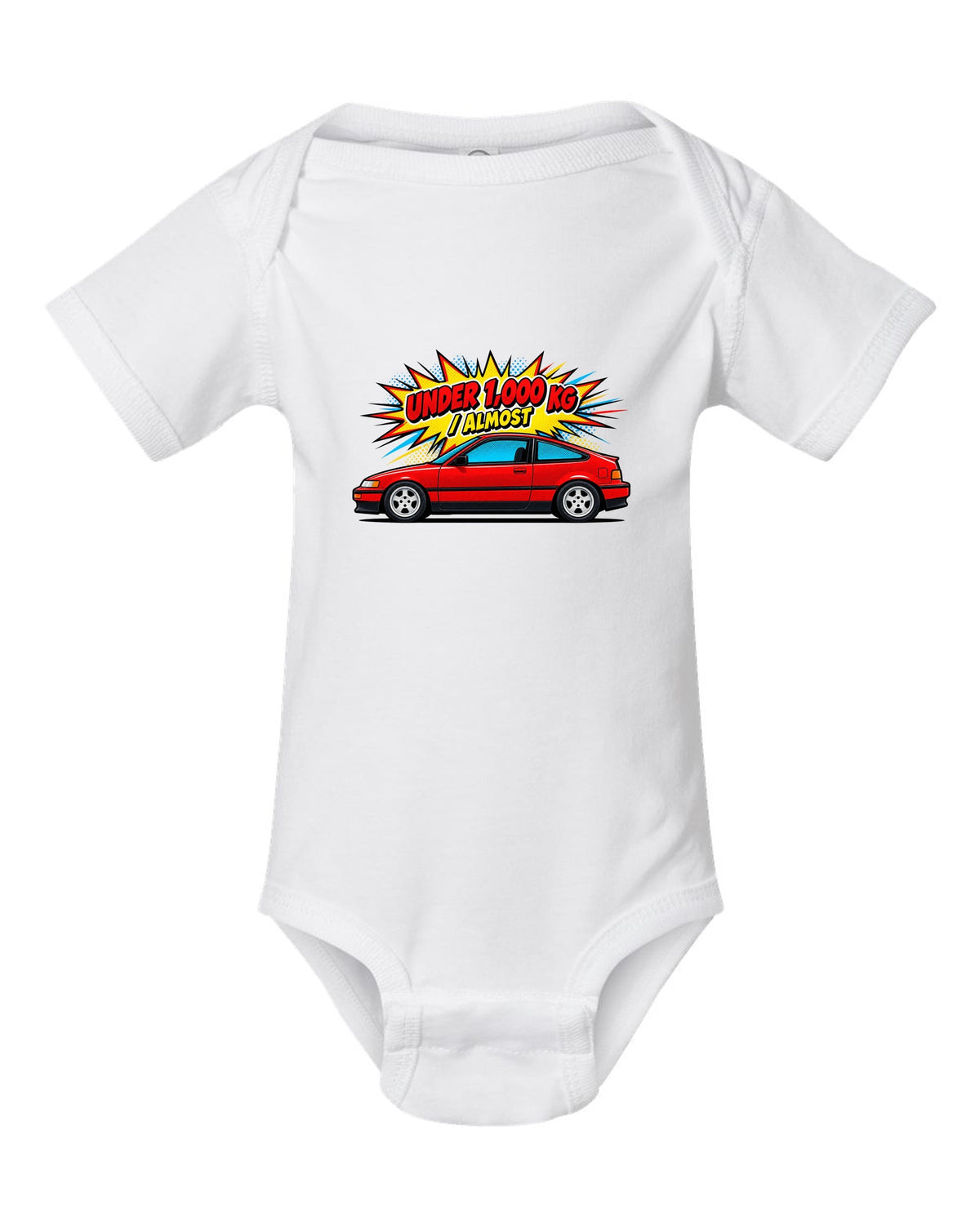 Pop-art Ben-Day halftone print of a Honda CRX EF8 Si with under 1,000 kg almost text white baby onesie front view with the design