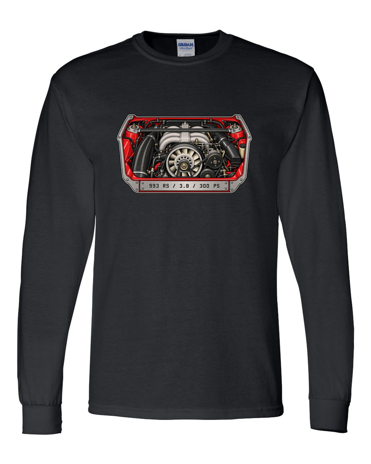 Porsche 901 topographic route map design with 1964 and 130 PS lettering black long sleeve front view with the design