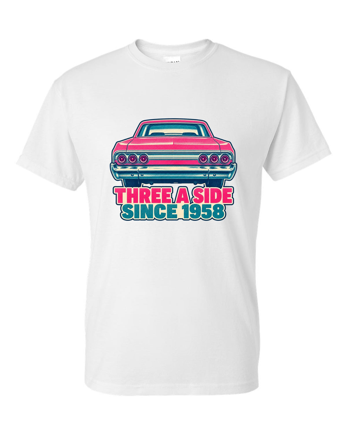 Two-colour risograph print of a 1964 Chevrolet Impala with its triple taillights white t-shirt front view with the design