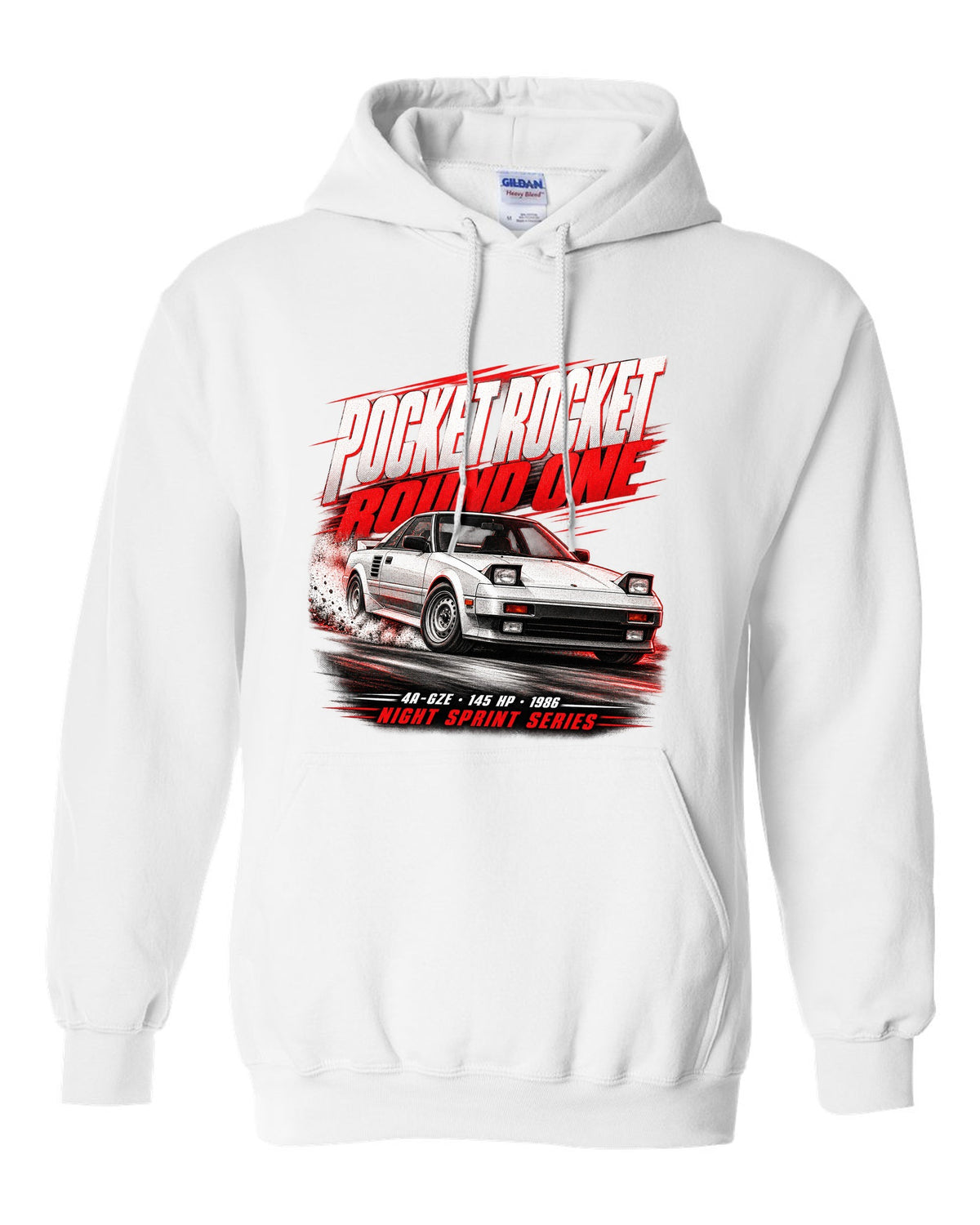 Race poster print of a supercharged Toyota MR2 AW11 with the text Pocket Rocket Round One 4A-GZE white pull over hoodie front view with the design